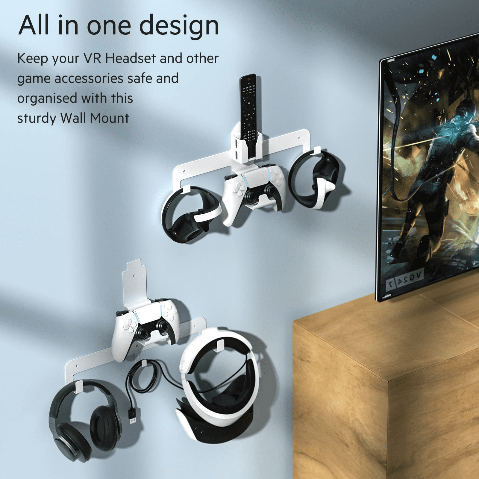 Wall Mount Stand for PS5 VR2 Gaming Accessories, Sturdy Steel Wall Mount  Bracket for PS VR2 Headset, Controllers, Remote and Cable, Game Organizer