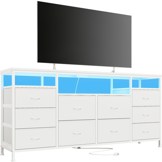 Cómoda Moderna de 10 Cajones para Entrada o Salón, Consola Recibidor con LED, Tomas de Corriente, Gran Capacidad y Soporte para TV 65-75 Pulgadas– Acabado en piel blanca