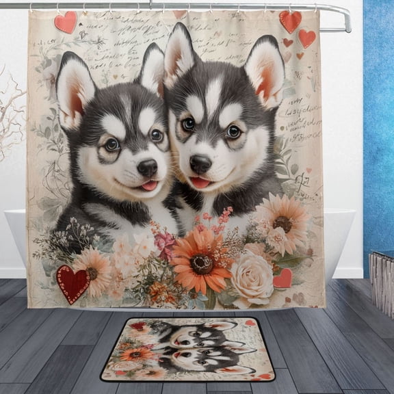 BZSMCE Shower Curtain and Bath Accessory Set,Two Puppies with Flowers Pattern