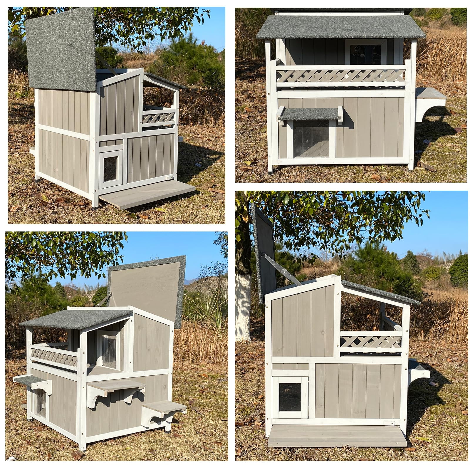PETSCOSSET 2-Story Outdoor Cat House with Split-Level Openable Asphalt Roof, Fir Wood Cat Condo with Balcony & Escape Door, Weatherproof Shelter with Removable Floors for Easy Cleaning