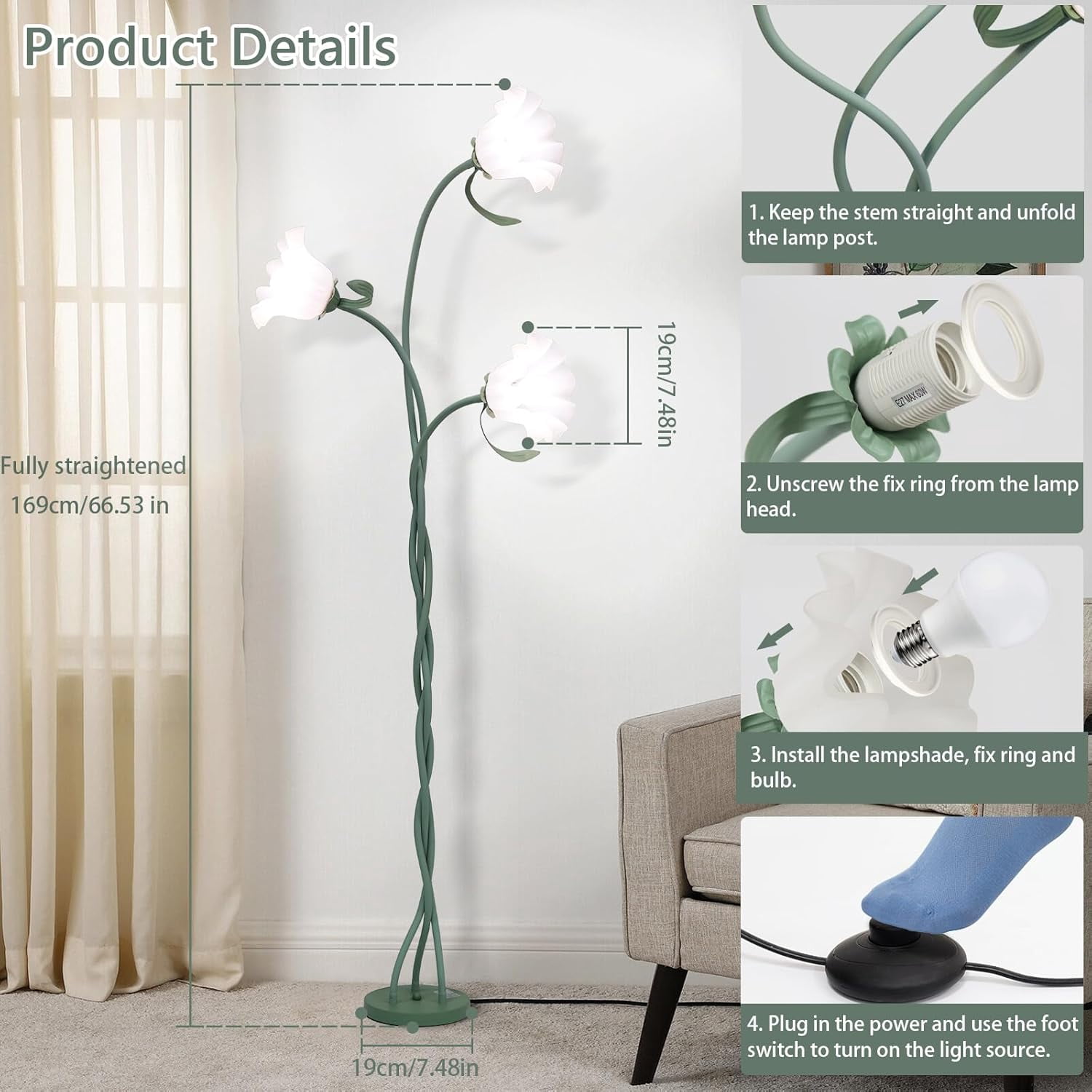 Vintage Flower Floor Lamp for Girls' Bedroom, Cute 3 Heads Floor Reading Light with Flexible Gooseneck, 3 Colors Modern Corner Standing Lamp with Lily for Living Room Office Home Decor,Bulbs Included