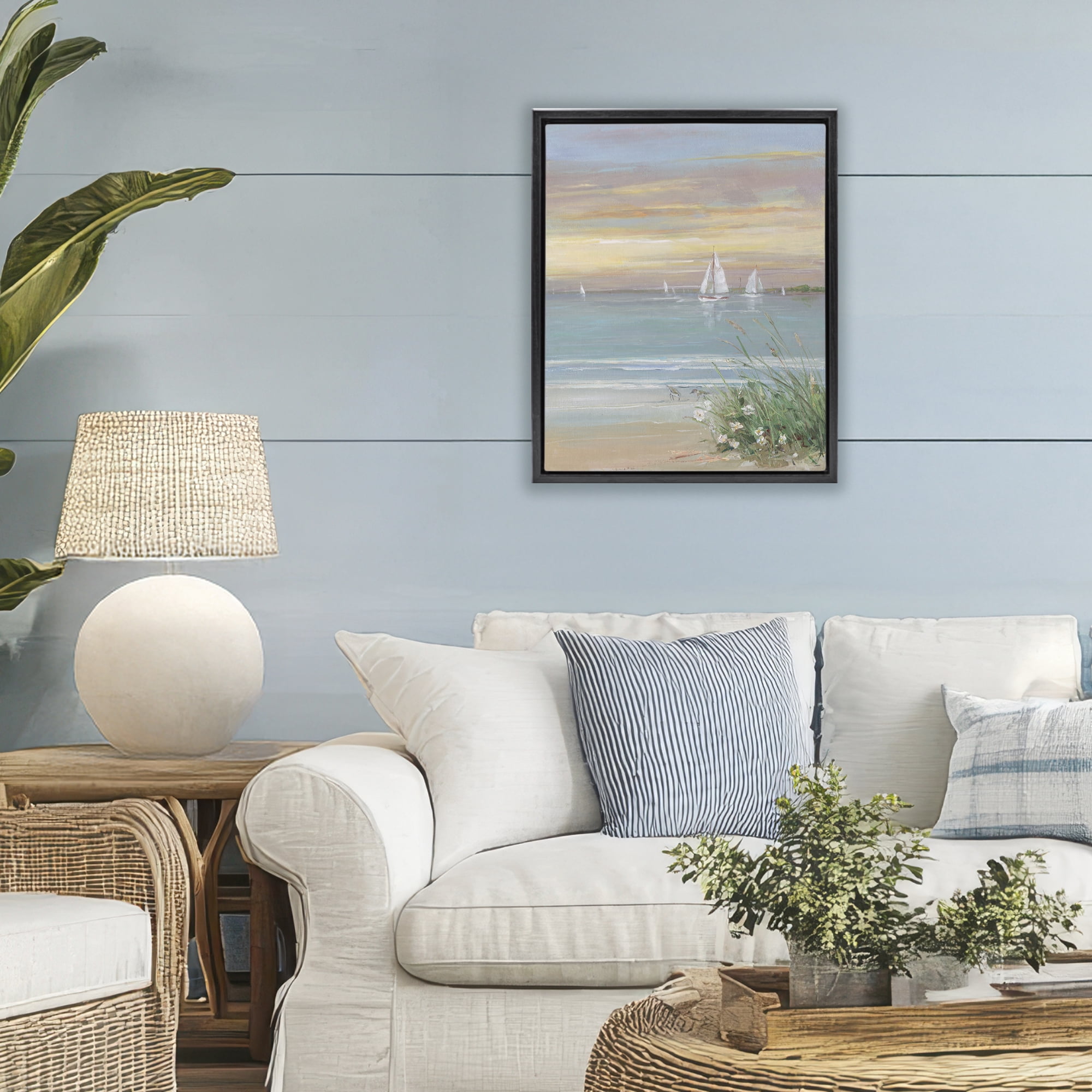 Stupell Industries Sailboats Beyond Sandy Shore Black Framed Floater Canvas Wall Art, design by Sally Swatland