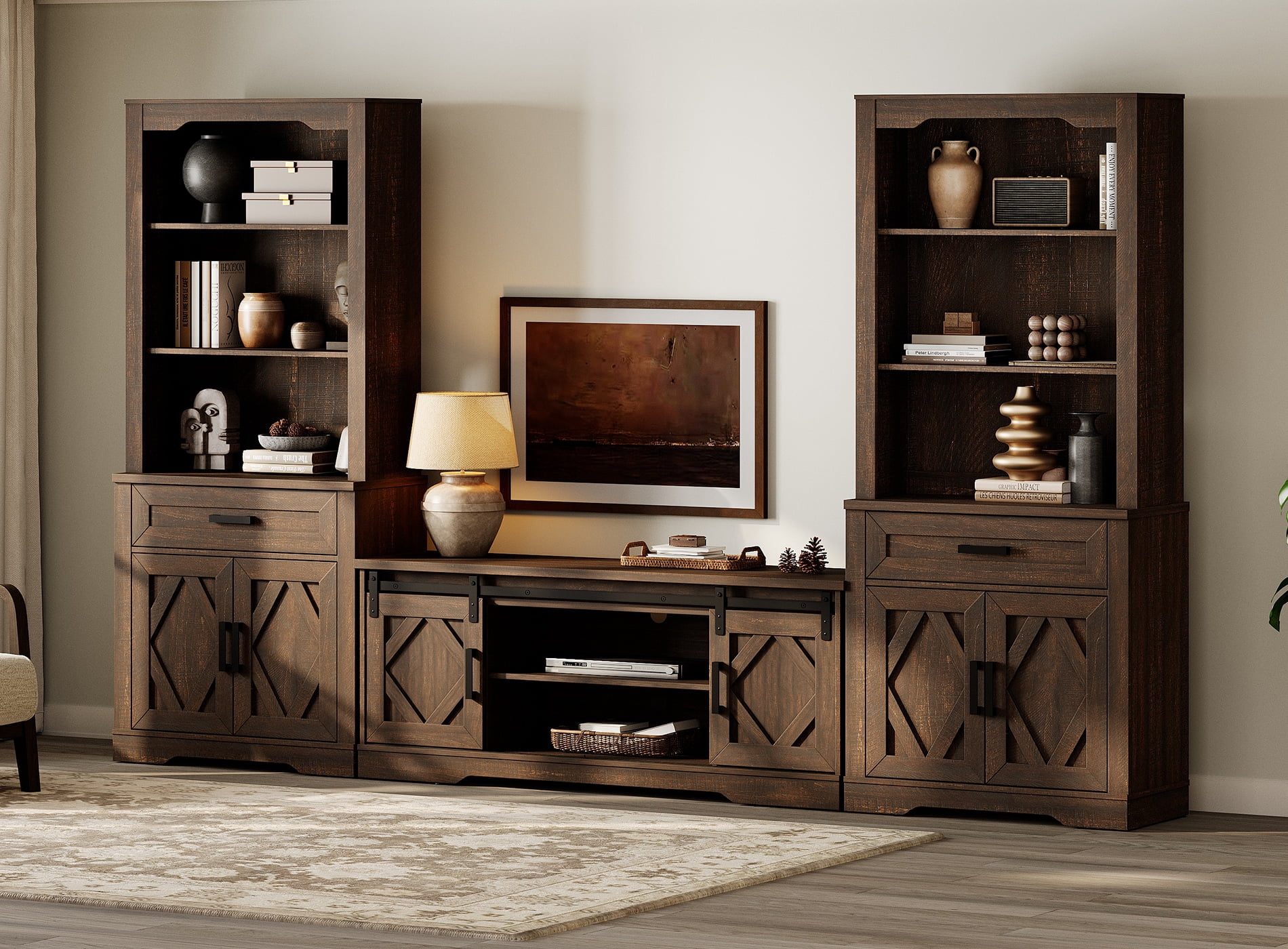 WAMPAT Farmhouse Entertainment Center with Bookshelf for TVs up to 65",Mid Century Modern TV Stand with 73"H Tall 5-Tier Bookcase with Open Storage and Barn Doors for Living Room,Rustic Brown