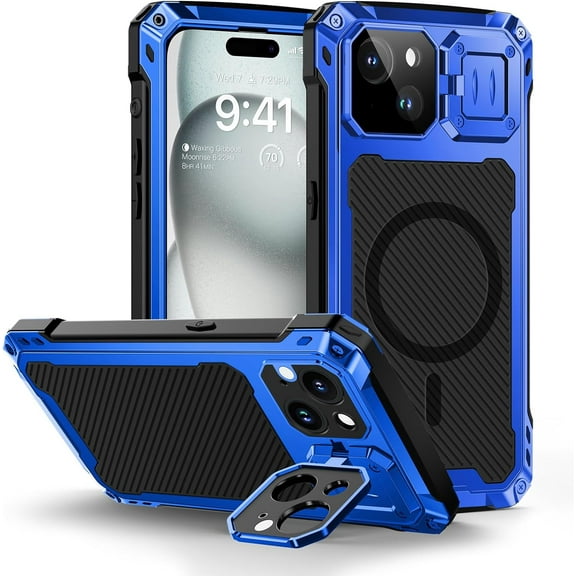 for iPhone 15 Plus Metal Case, [Built-in Camera Kickstand & Glass Screen Protector] Heavy Duty Full Body Military Rugged Shockproof Magnetic Aluminum Alloy Cover for 15 Plus 6.7" (Blue)
