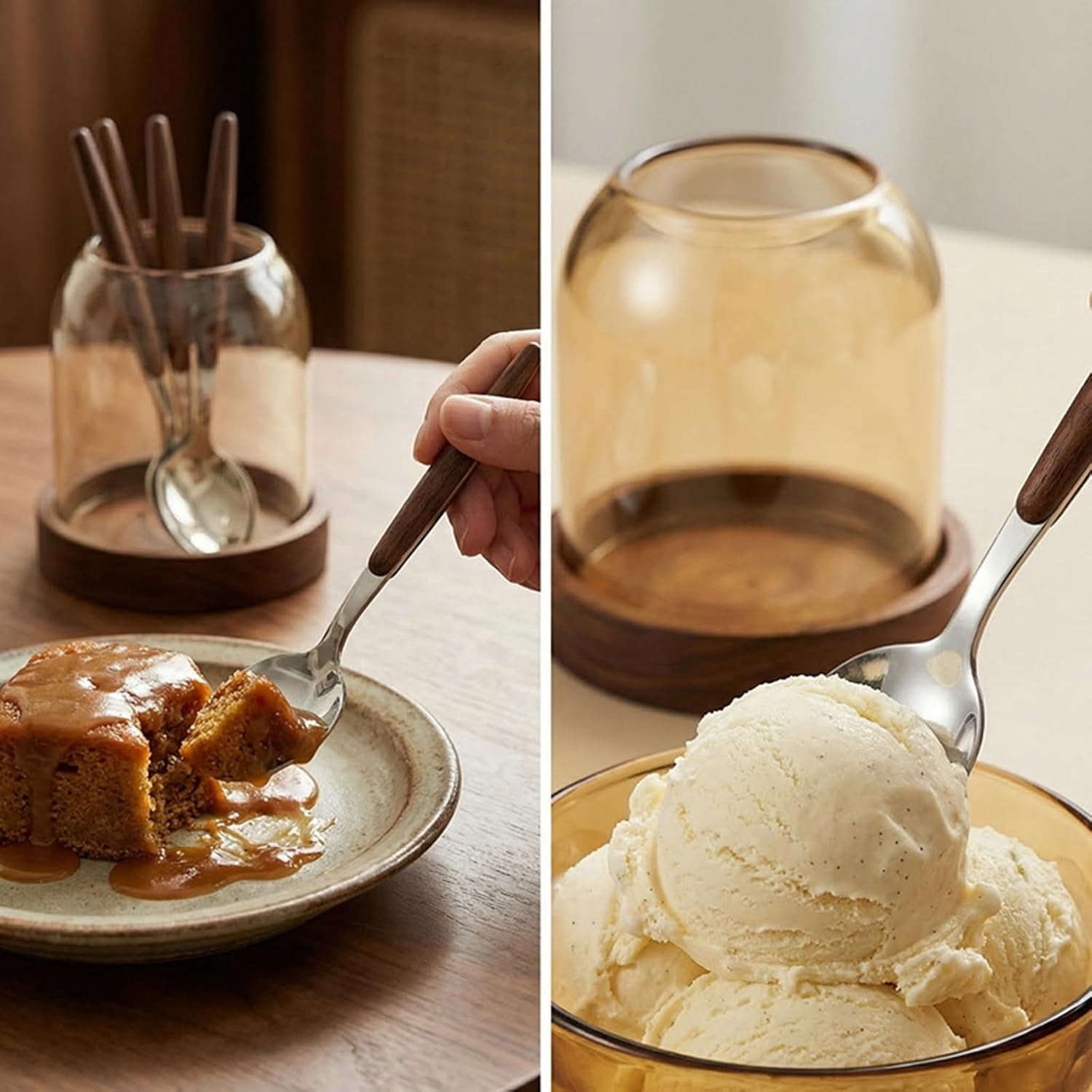 ABPETE Glass Utensil Holder With Wooden Base,Fork And Spoon Set With Wood Handles,Cutlery Caddy For Kitchen Afternoon Tea Ice Cream Cake Stainless Steel (Amber glass-spoon)