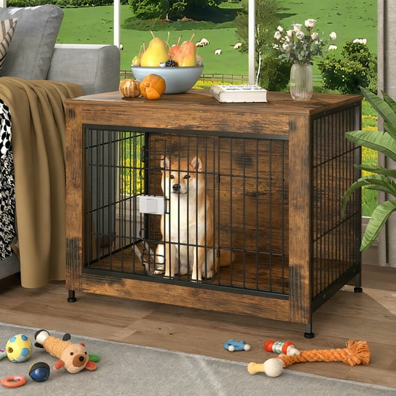 YOKWOK 32 in Dog Crate Furniture with Secure Lock, Wooden Dog Kennel End Table Indoor Dog Cage for Small/Medium Dogs, Decorative Pet Crate Table for Home Indoor Use