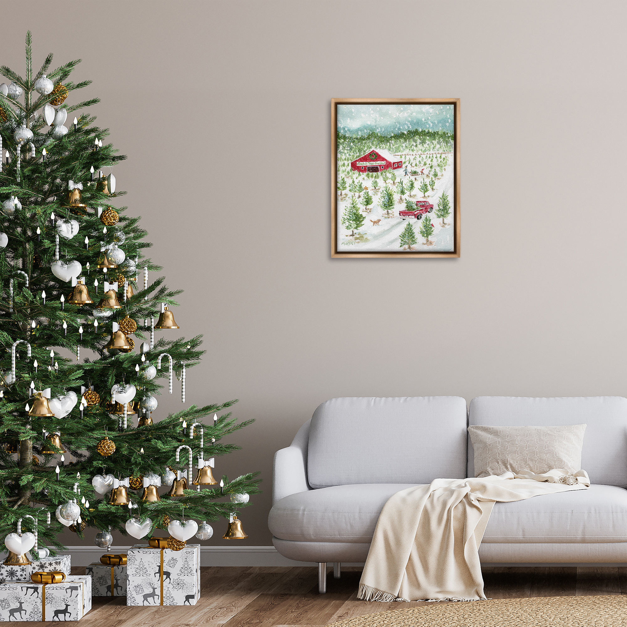 Stupell Industries Christmas Tree Farm Holiday Painting Brown Floater Framed Canvas Art Prints Wall Art, 25 x 31