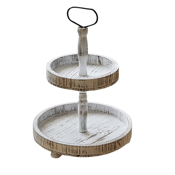 2-Tier Rustic Wooden Serving Tray With Handle, Vintage Design For Snacks, Fruits, And Home Decor Display,White