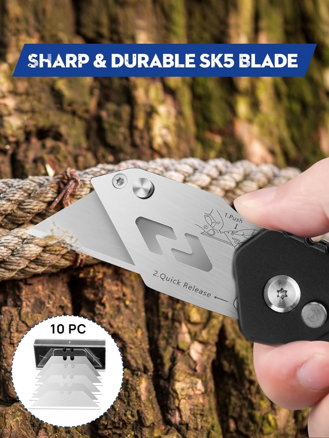 Utility Knife, Upgraded Version Heavy Duty Box Cutter, Pocket Carpet knife with 10 Replaceable 5 Stainless Steel Blades, Belt Clip, Easy Release Button, Quick Change and Safety Lock-Black