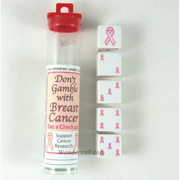 Pink Ribbon Dice White Opaque with Pink Ribbons D6 19mm (3/4in) Pack of 5 Koplow Games