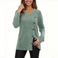 thumbnail image 3 of Womens Long Sleeve V-Neck Knit Sweaters Front Slit Button Down Tops Casual Solid Color Loose Fit Sweaters Tops, 3 of 6