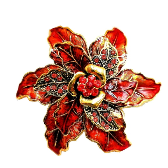 Fantastic Vintage Trio Tiered Red Enamel Poinsettia Flower Brooch Christmas Party Jewelry