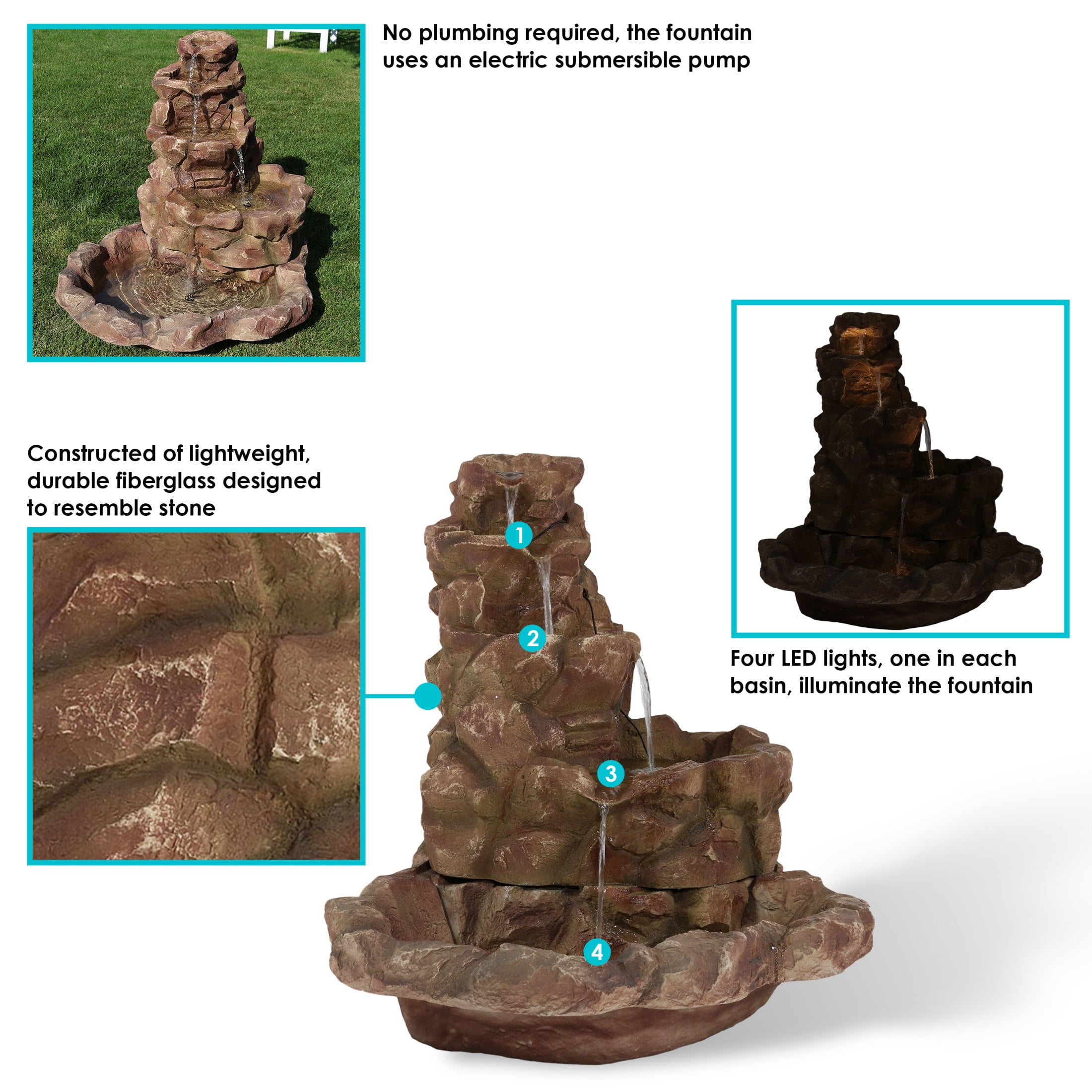 Sunnydaze Stone Springs Polyresin Outdoor Water Fountain with Lights