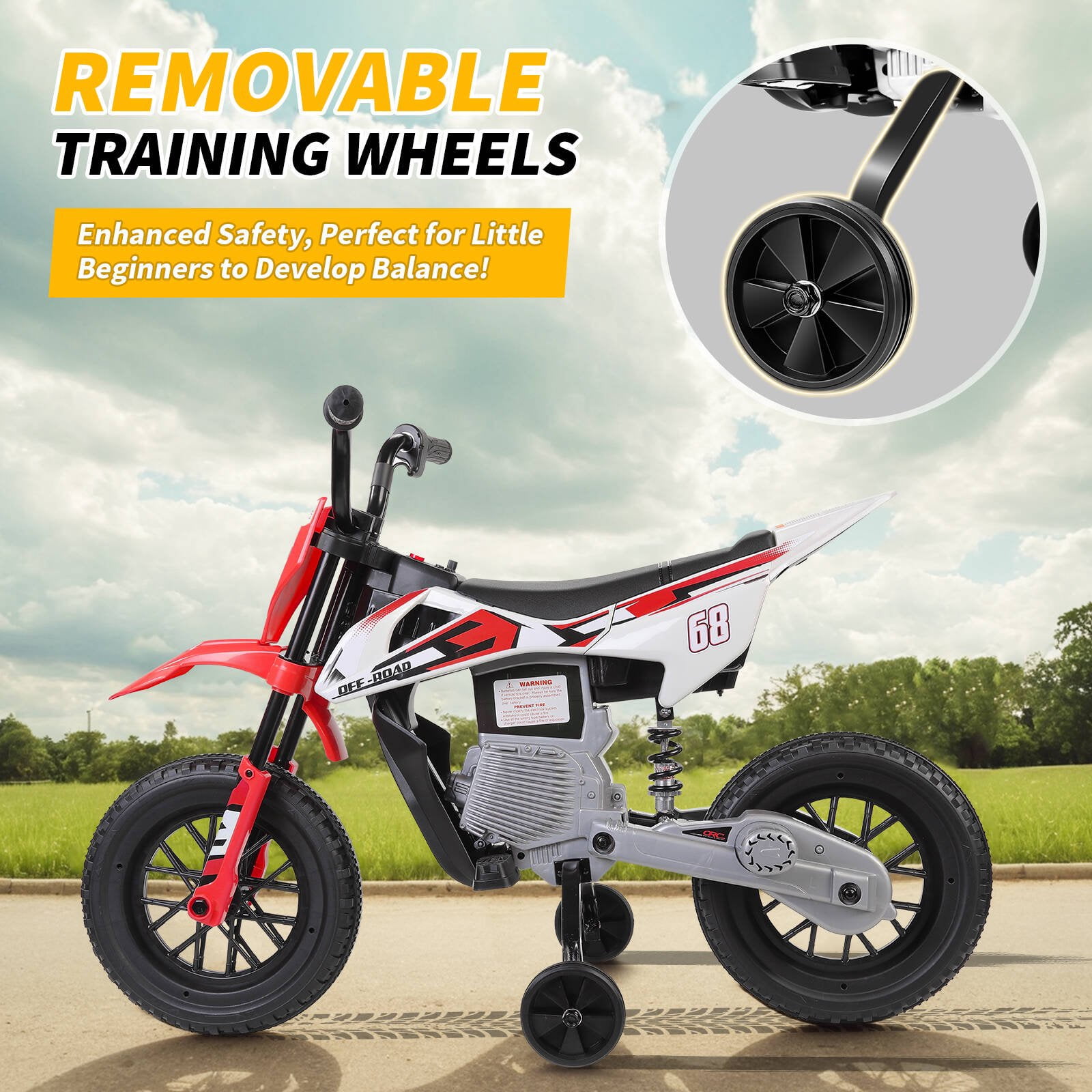 Tapoja 12V Kids Electric Dirt Bike w/ Twist Grip Throttle, Ride on Motorcycle w/ Training Wheels, Powered Ride on Toys for Boys Girls Ages 3-8, Spring Suspension, Dual Motors, Bluetooth, MP3