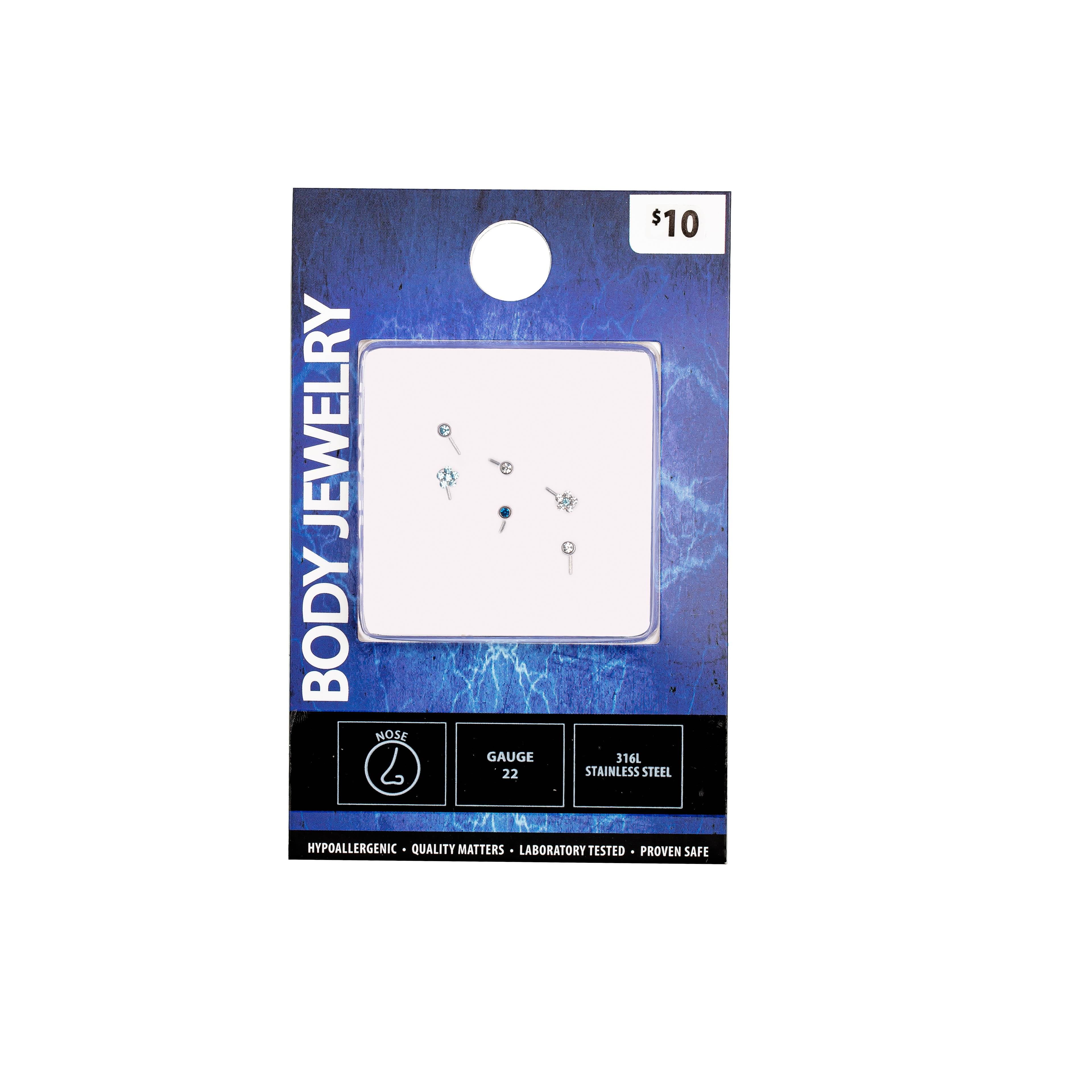 Body Jewelry 22G Multi Shape Crystal Nose Rings, 6 Pack