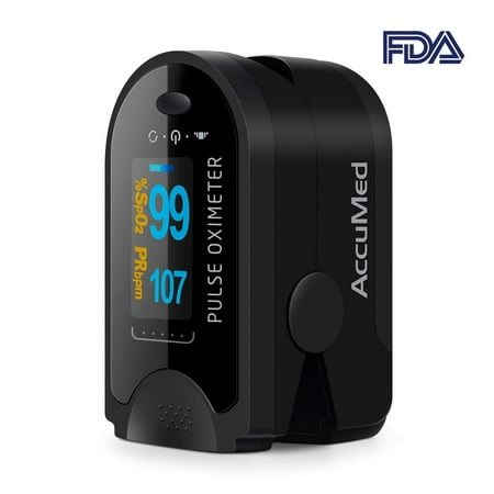 Finger Oximeter - AccuMed CMS-50D Pulse Oximeter Finger Pulse Blood Oxygen SpO2 Monitor w/ Carrying case, Landyard Silicon Case & Battery (Black)