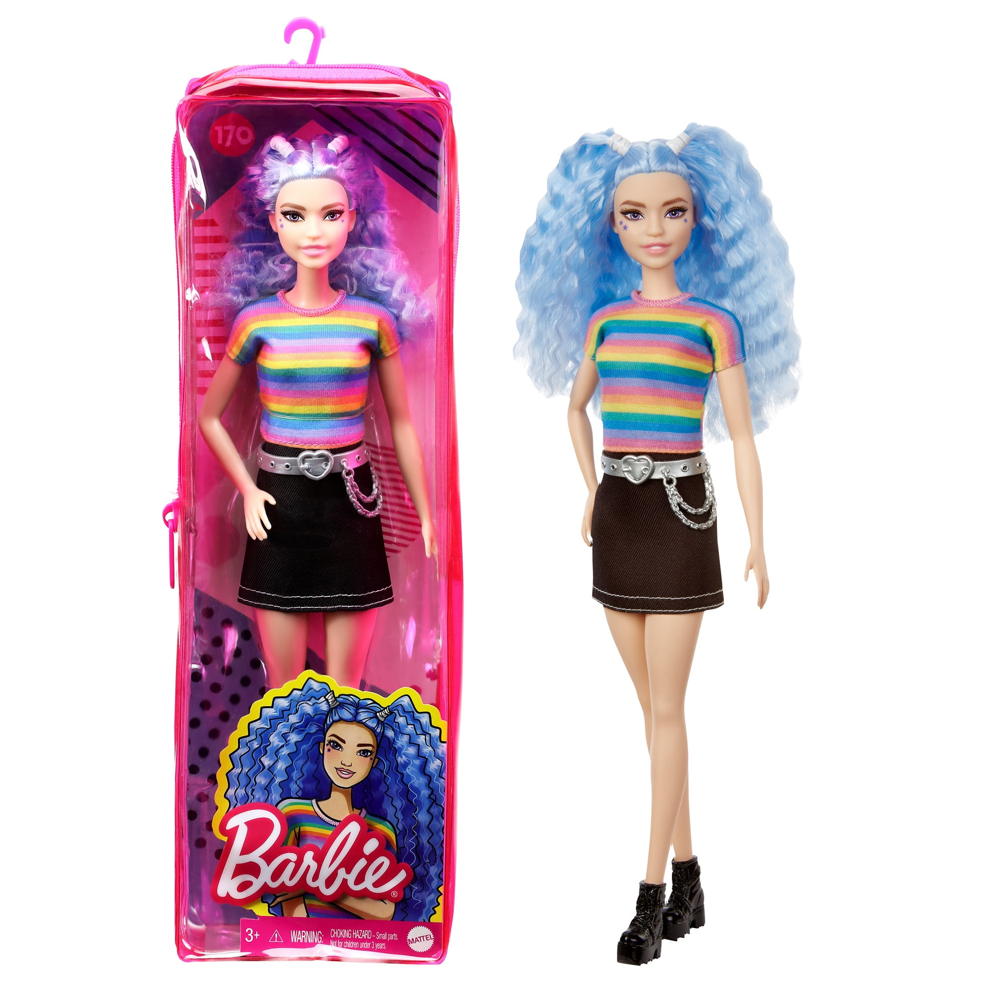 Barbie Fashionista Doll 170 with Blue Hair and Rainbow Striped Shirt - Walmart.com - Walmart.com