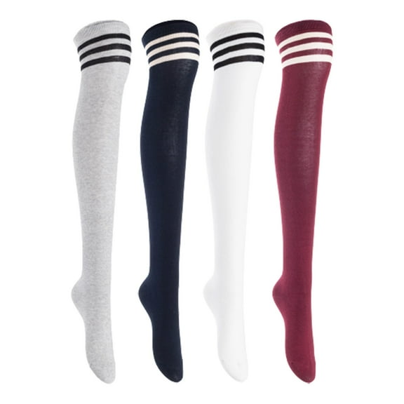 Lian LifeStyle Women's 4 Pairs Adorable Comfortable Soft Thigh High Over Knee High Cotton Socks, Size 6-9, JMYP1022 LightGrey, Navy, White, Wine