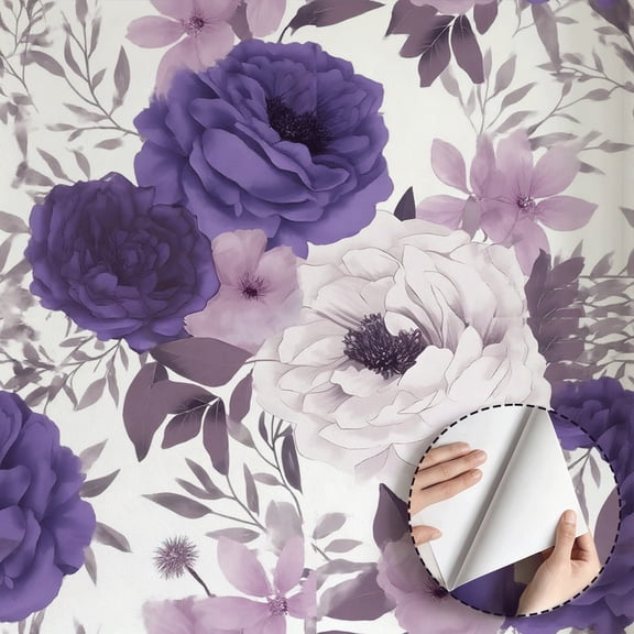 Purple White Floral Wallpaper Modern Boho Aesthetic Peel and Stick Wallpaper Waterproof Wall Decor for Living Room Bedroom Bathroom Kitchen Cabinet Drawer Rental Property 17.7 * 78.5 in