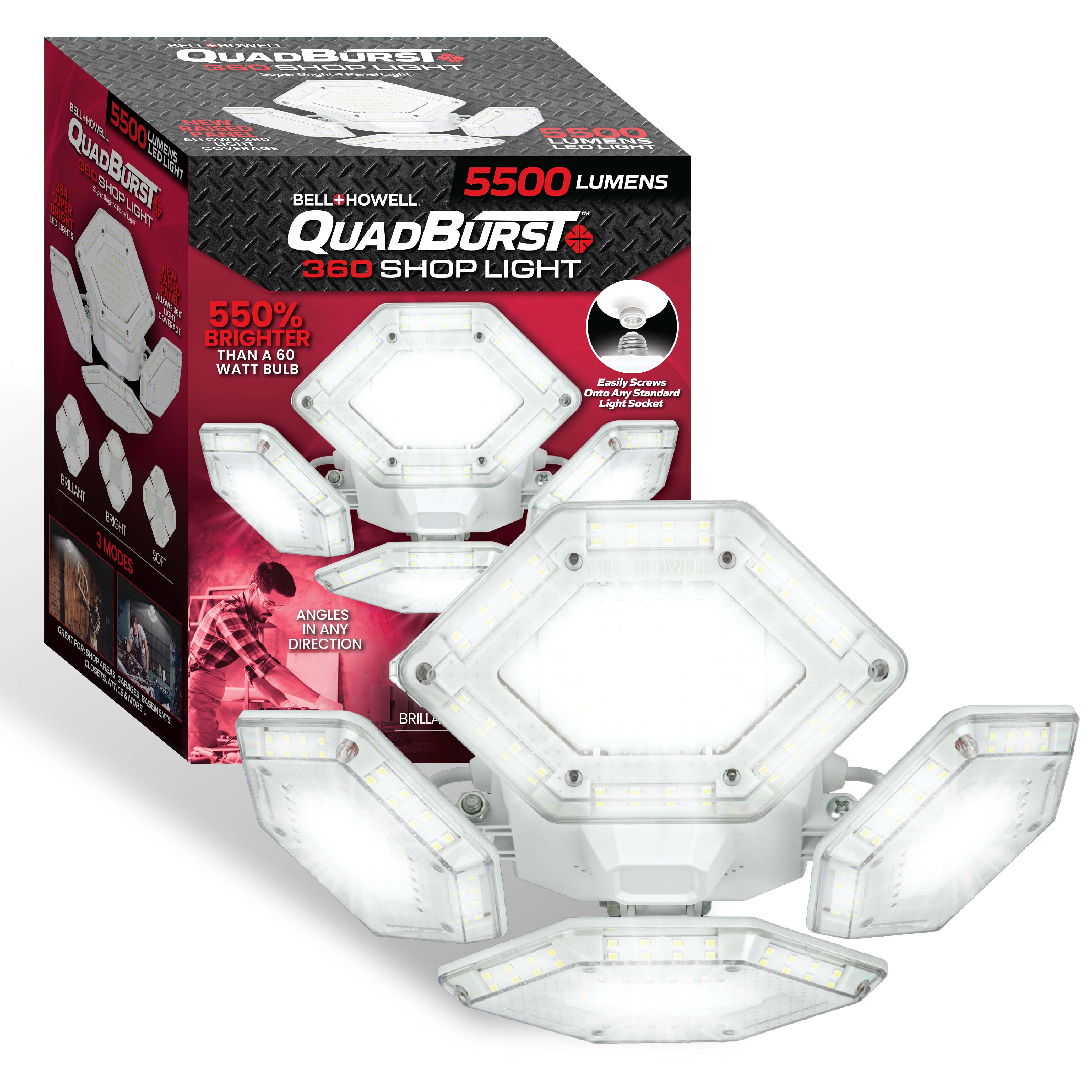 (2 pack) Bell + Howell Quad Burst Garage Light 384 LED 5500 Lumen Light Bright Ceiling Socket Shop Light