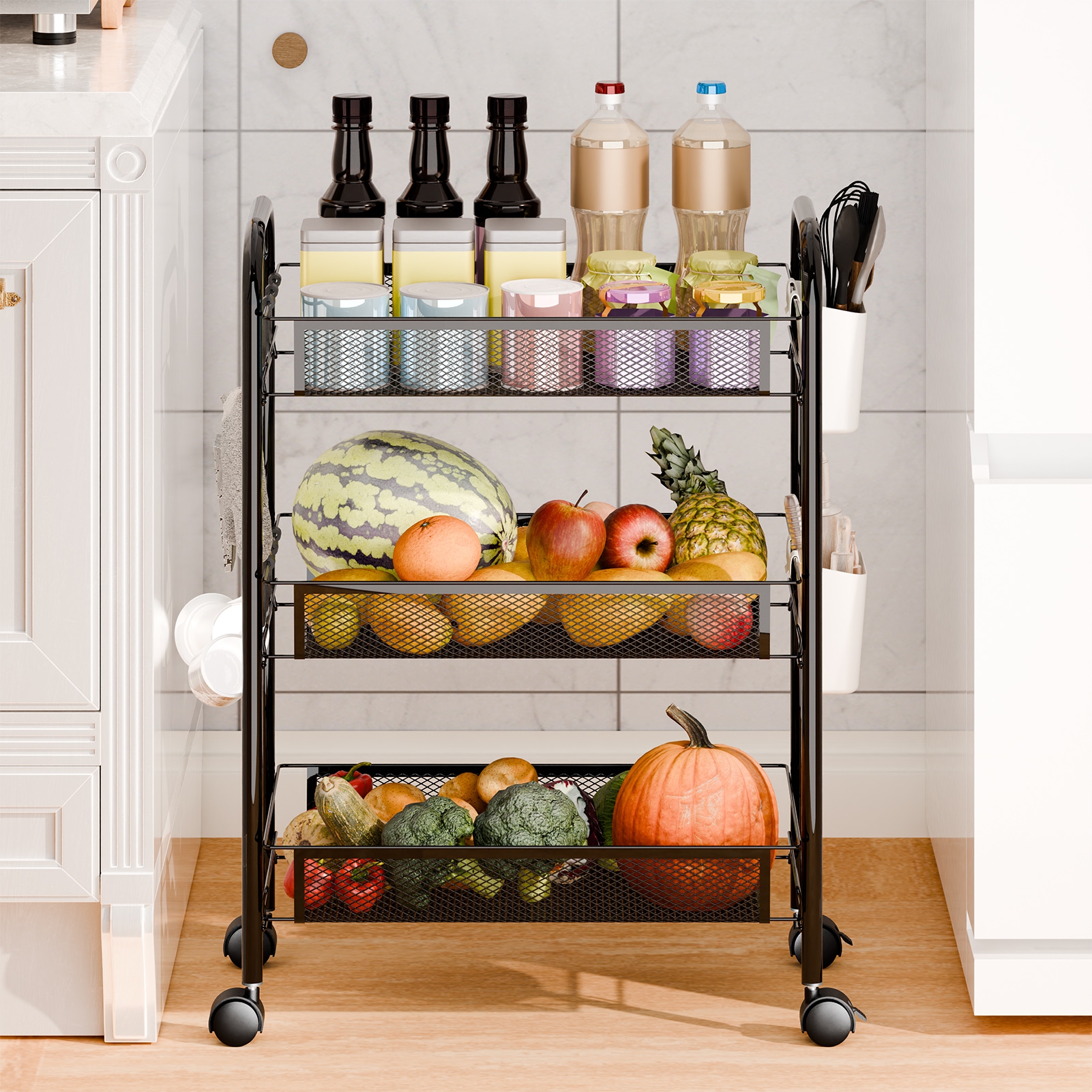 Fruit Vegetable Storage Basket, 5 Tier Stackable Metal Mesh Storage Basket with 360 Degree Wheels, Fruit Vegetable Produce Basket Storage Organizer for Kitchen, Pantry, Bathroom-3-Layers,Black