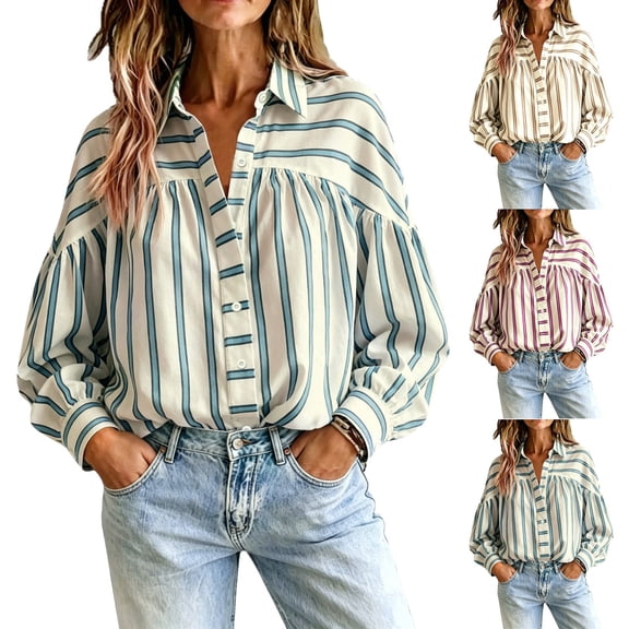 Button down Shirts for Women Dressy Striped Long Sleeve Blouse Fashion Casual Daily Tops by Yigetop Blue L
