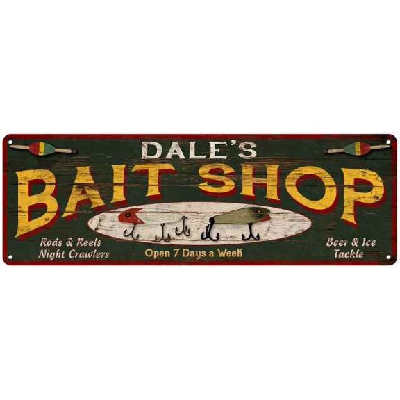 DALE'S Bait Shop Sign Wood Look Man Cave Den Gift 6x18 Metal 106180024112