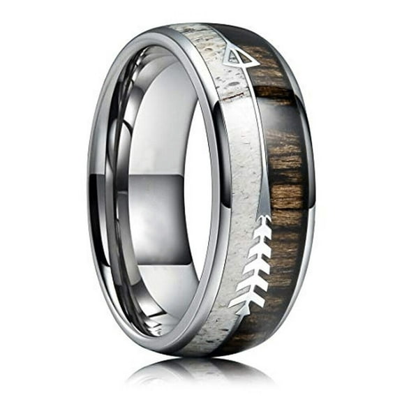 Wedding Ring Men Women 8mm Silver Tungsten Wedding Band Arrow Antler & Wood