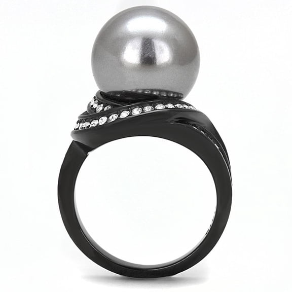 TK3052 - IP Black(Ion Plating) Stainless Steel Ring with Synthetic Pearl in Gray