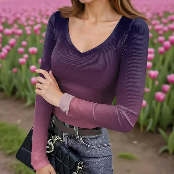 Womens Long Sleeve Shirts Fall Tops Business Casual T Shirts Dark Purple XL
