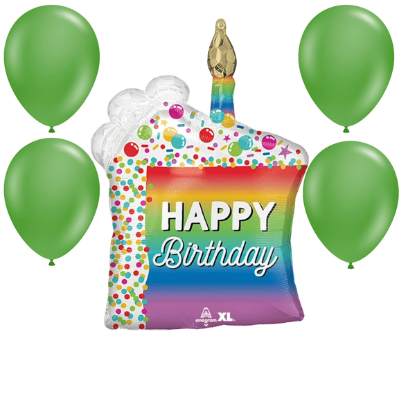 LoonBalloon 28 Inch Rainbow Cake Slice Birthday Balloon with 4 latex balloons- Festive & Fun