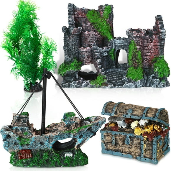 Wenqik Aquarium Decorations Large, Resin Sunken Shipwreck, Undersea Treasure Chest, Ancient Castle Ruins Tunnel House, Simulated Artificial Wate