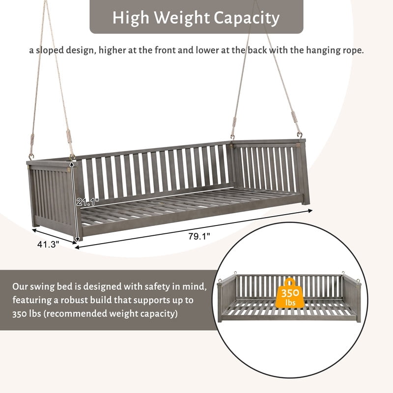 Patio Twin Size Garden Swing Bed, Wooden Porch Swing Frame with Ropes, Outdoor Hanging Swing for Garden, Backyard, Patio, Safe Sloped Design