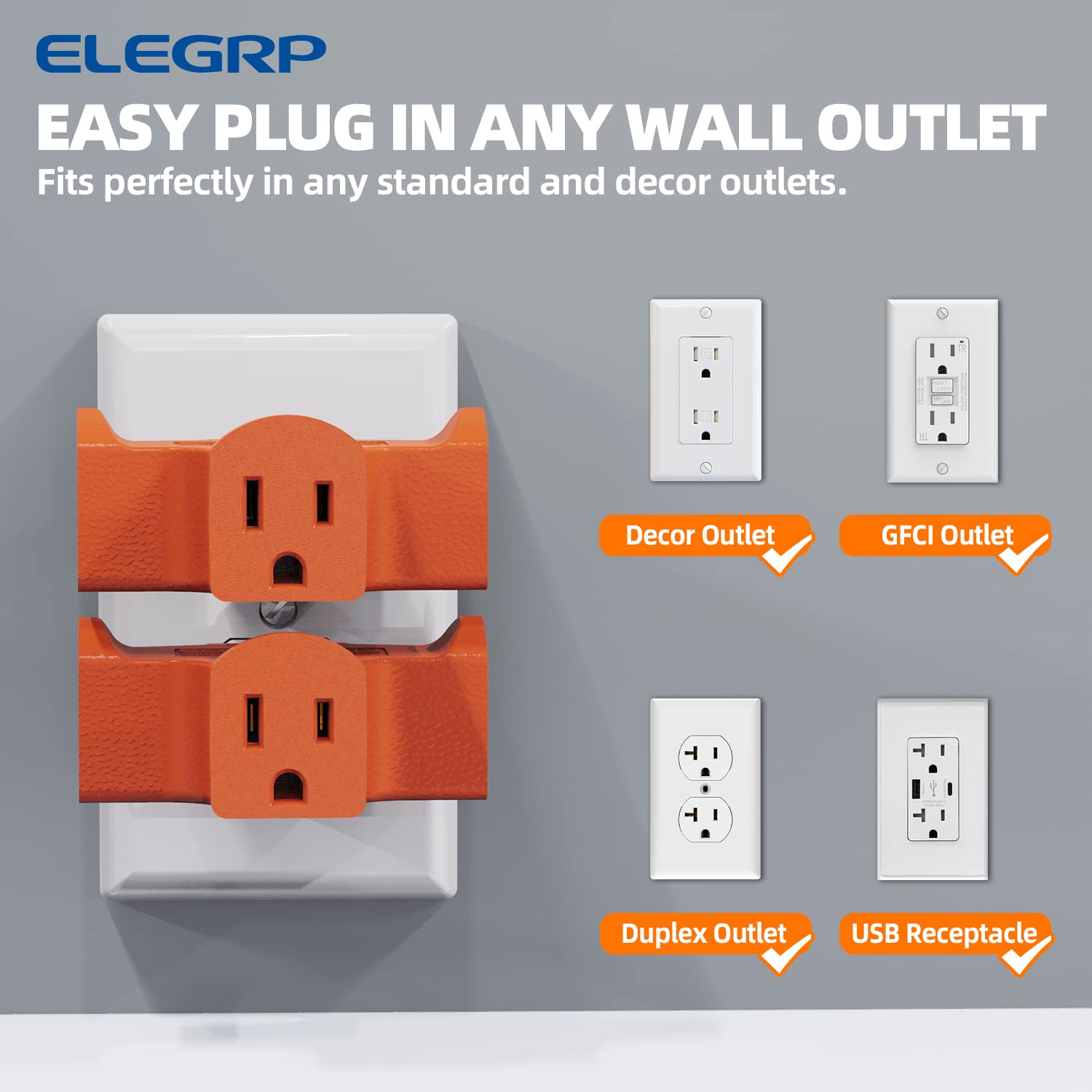 3-Prong Heavy Duty Power Extender to Triple Outlet in T Direction, Multi-Directional Grounded Wall Tap Outlet Extender with 3 Prong Plug-in, 15-Amp, 125-Volt, ETL Listed, 2 Pack, Orange