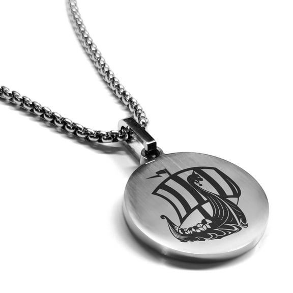 Stainless Steel Viking Ship Round Medallion Pendant Necklace