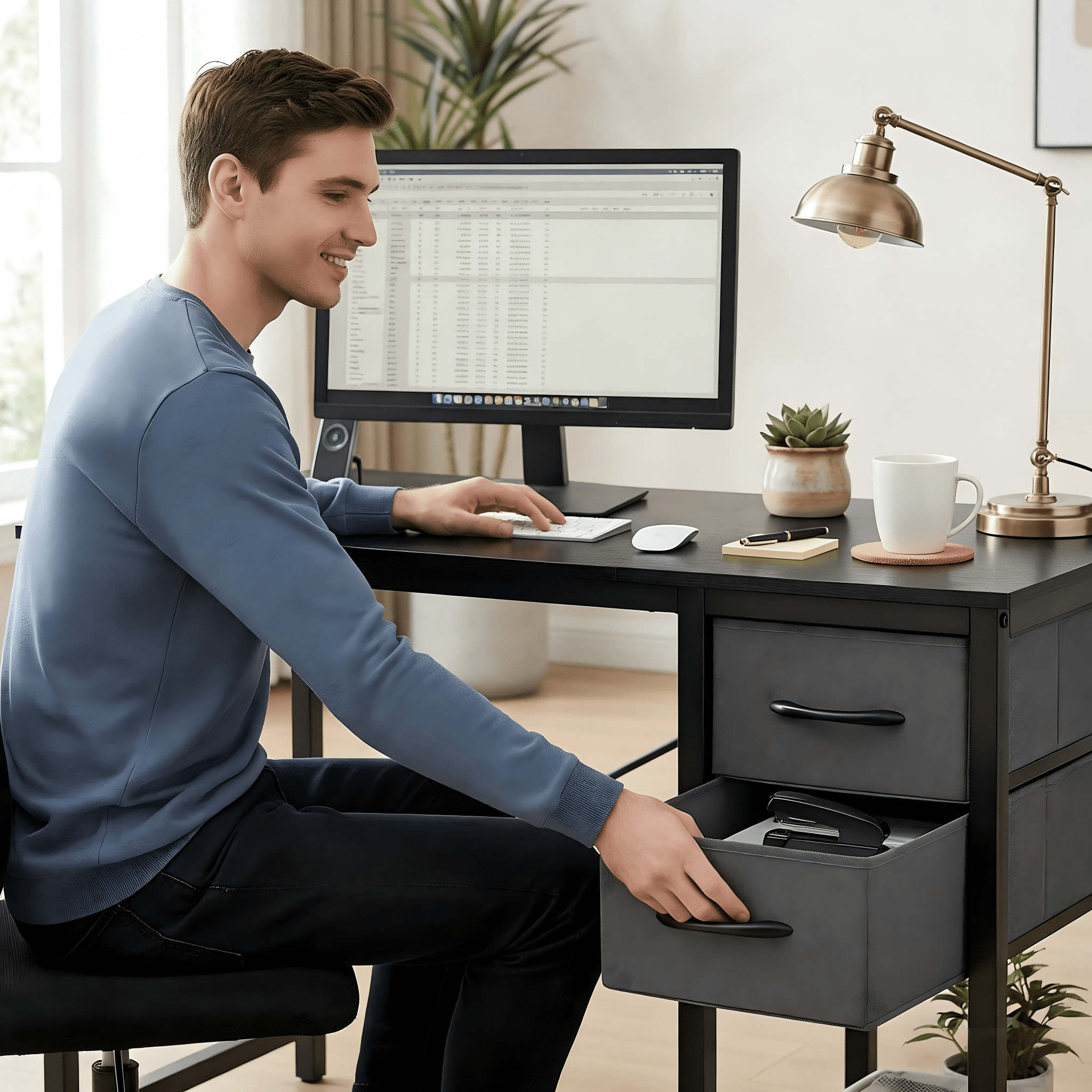 Atilioo 40" Computer Desk, PC Table with 2 Fabric Drawers & Headphone Hook, Sturdy Metal Frame, Easy Assembly for Home Office, Black