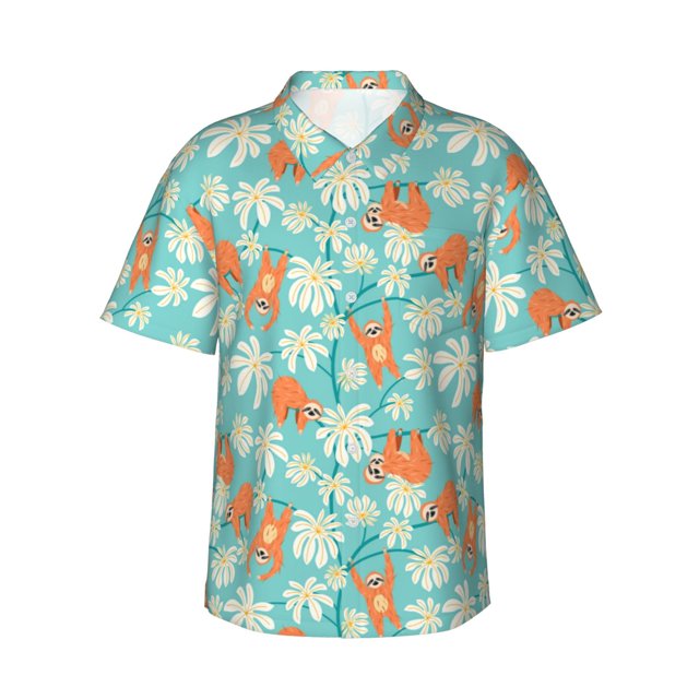 Balery Cute Sloth on Floral Tree Camisas hawaianas de manga corta para hombre, camisas playeras de corte holgado, camisas de vacaciones con botones,X-Large