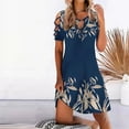 thumbnail image 6 of Pounoo Summer Dresses for Women 2024 Women Casual Slimming Draw Back Printed Short Sleeves Cold Shoulder Dress Soft Satiny Navy, 6 of 6