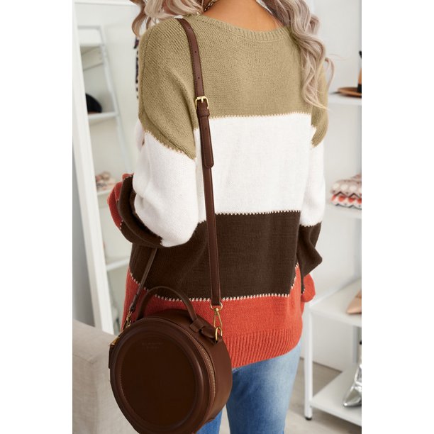 ABPHQTO Suéter de invierno marrón con bloques de colores para mujer