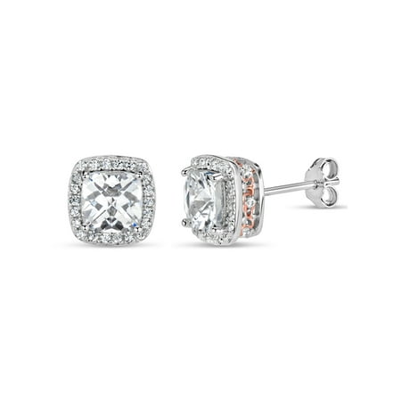 18k Rose Stud - Cushion Cut White Cubic Zirconia Sterling Silver and 18k Rose Gold Over Sterling Silver Filigree Sides Stud Earrings