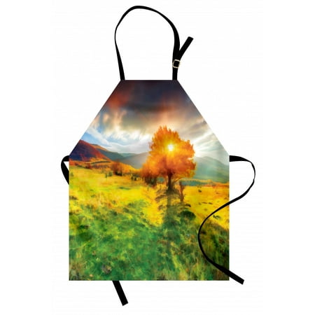 

Landscape Apron Fall Season Illustration with Mountains and Meadows in Sunset Watercolor Effect Unisex Kitchen Bib with Adjustable Neck for Cooking Gardening Adult Size Multicolor by Ambesonne