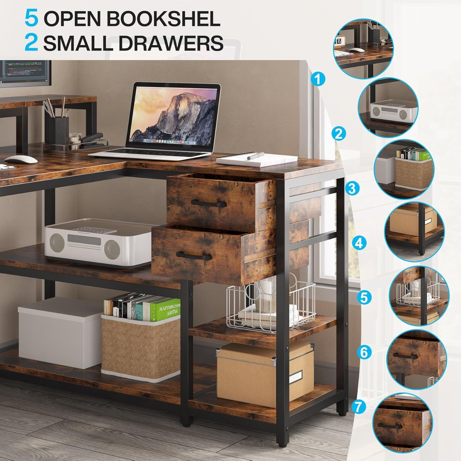 55" x 24" L Shaped Corner Desk With Drawers, Storage Shelves & Monitor Stand, Rustic Brown Home Office Gaming Study Computer Table For Small Space