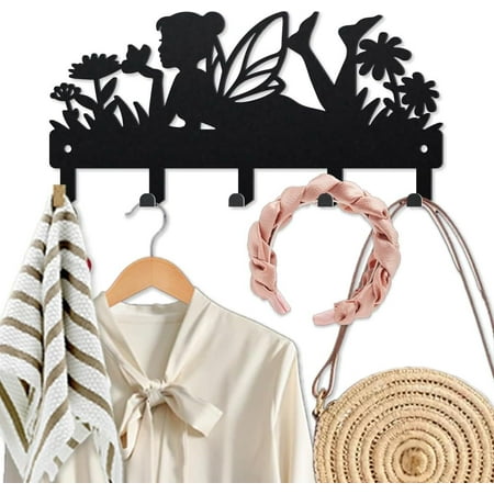 Fairy Wildflower Metal Key Hook Spring Butterfly Coat Rack Wall Mounted 9.8×4.7inch Fantasy Wall Art Decor Key Holder with 5 Hooks for Gift Kitchen Garden Home Decor