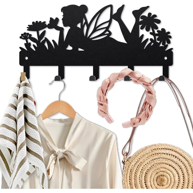 Perchero de metal con diseño de flores silvestres de hadas y mariposas, de 9,8 x 4,7 pulgadas, para colgar en la pared, con 5 ganchos.
