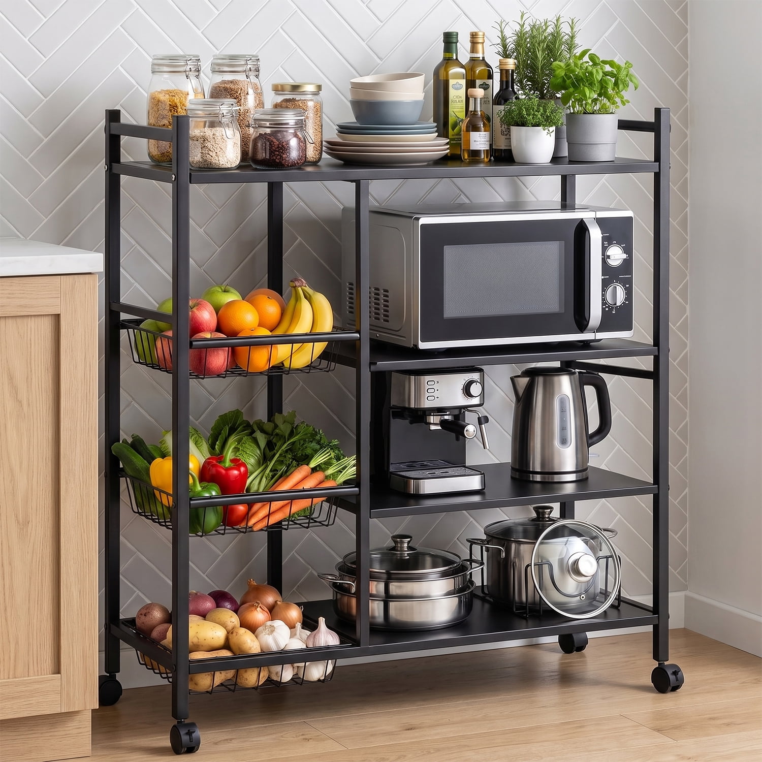 Behome Kitchen Microwave Cart, 4 Tier Rolling Storage Cart with 3 Storage Baskets, Small Storage Shelves for Living Room Office, Balcony