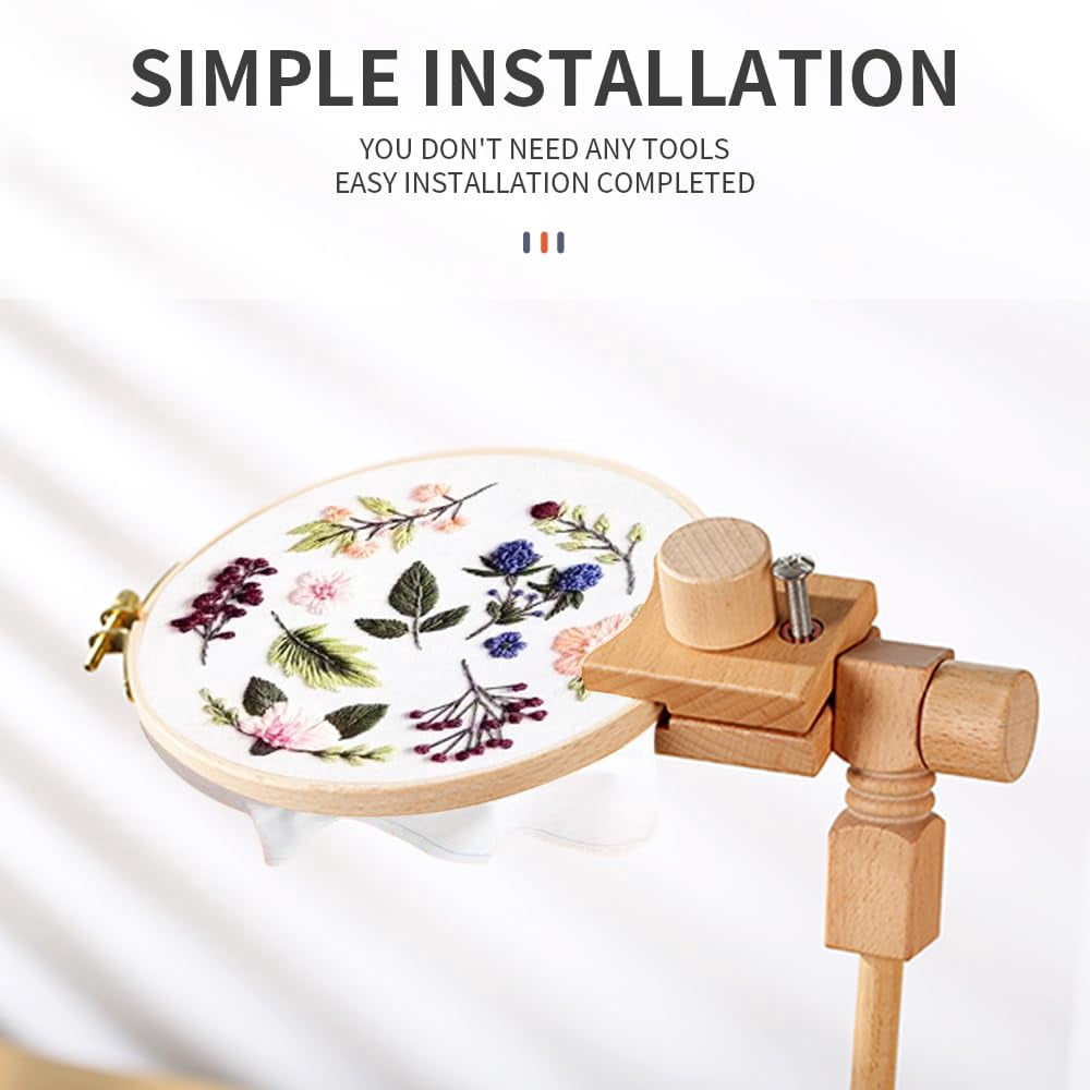 Sherbo Adjustable Embroidery Hoop Stand Rotated Beech Wood Hands-Free Cross Stitch Frame Solid Natural Wood with 2 Hoops 6 Inch and 7 Inch