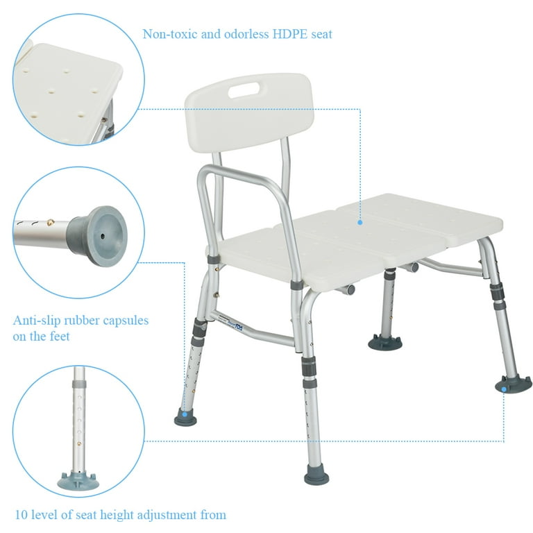 HEALTHLINE Tub Transfer Bench, Lightweight Medical Bath and Shower Chair  with Back Non-Slip Seat, Bathtub Transfer Bench for Elderly and Disabled,  Adjustable Height, White 