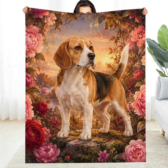 RKSupls Beagle Among Sunset Peonies  Warm and Cozy Throw, Machine Washable Allergy  Decorative Blanket, Soft Throw for Couch, Travel, Camping