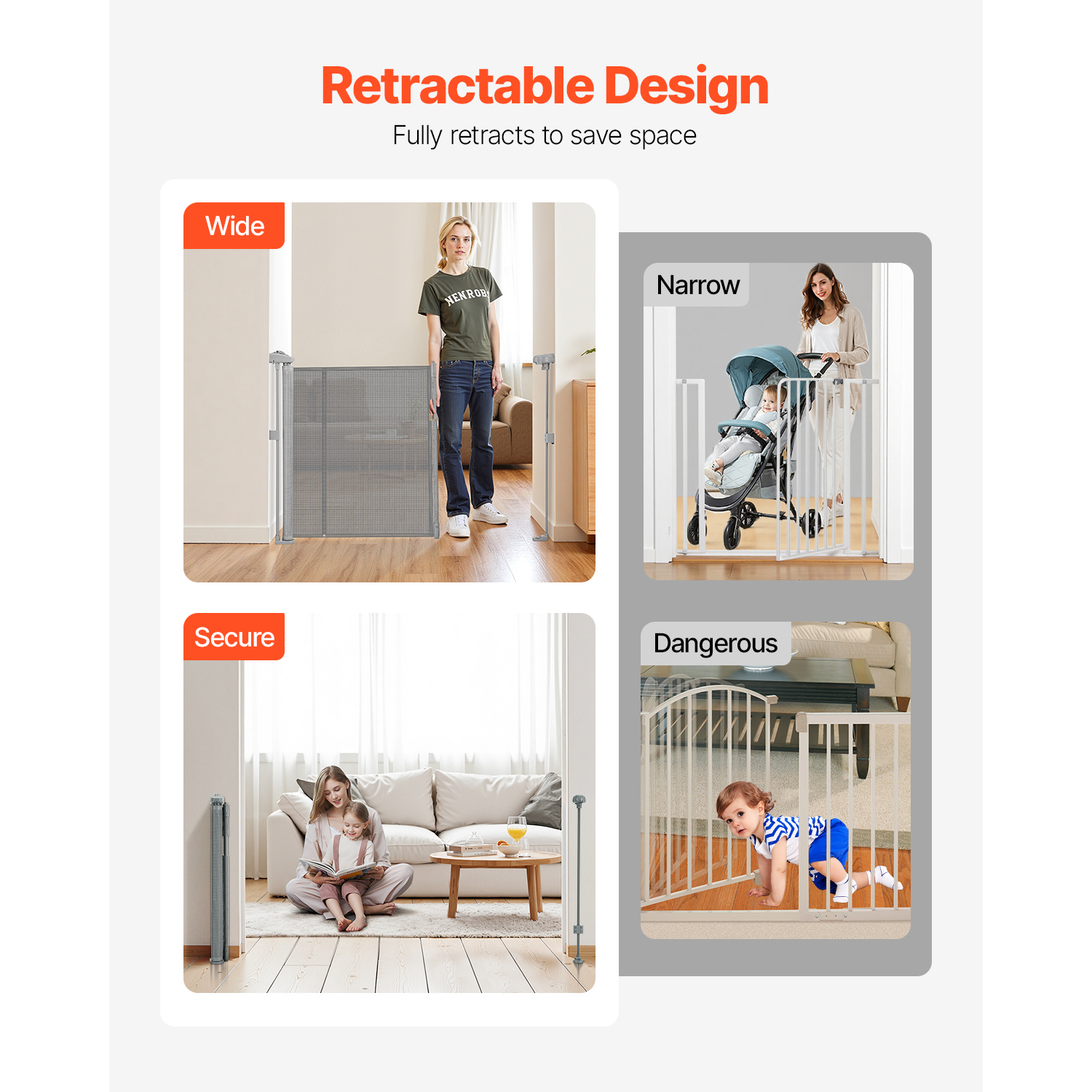 KFFKFF Retractable Baby Gate, 34-Inch Height, Expands Up to 110 Inches Wide, Safety Gate for Children and Pets, Durable Mesh Design, Simple Installation for Stairs, Doorways, Hallways