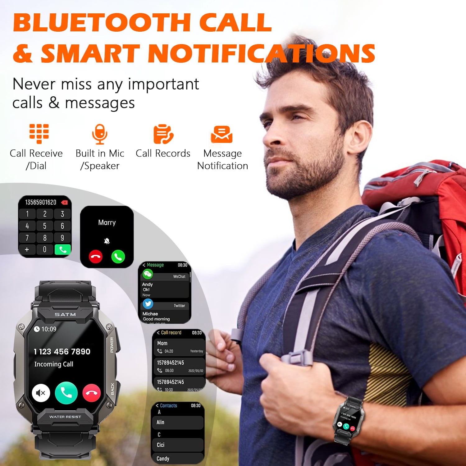 Military Smart Watches for Men, 1.81'' HD Outdoor Sports Rugged Smartwatch Compatible with Android and iPhone, Black